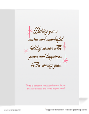 Vintage Mid-Century Christmas Card - Mother Deer & Fawn in Iconic Pink Winter Scene