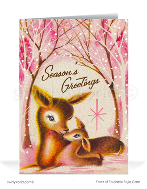 Vintage Mid-Century Christmas Card - Mother Deer & Fawn in Iconic Pink Winter Scene
