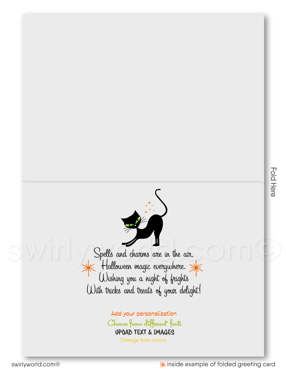 Enchant clients with Swirly World's Retro Atomic Witch Halloween Greeting Card. Featuring a whimsical witch, her black kitty cat, playful bats, and vintage starbursts, this card is perfect for expressing appreciation and strengthening business connections. Customizable envelopes available!