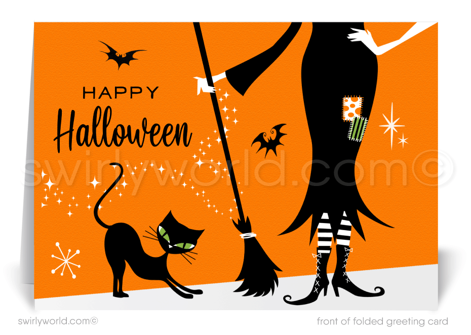 Retro Atomic Mod Cute Witch Black Cat Happy Halloween Greeting Cards for Business