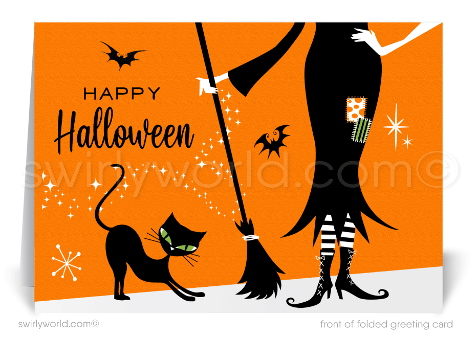 Enchant clients with Swirly World's Retro Atomic Witch Halloween Greeting Card. Featuring a whimsical witch, her black kitty cat, playful bats, and vintage starbursts, this card is perfect for expressing appreciation and strengthening business connections. Customizable envelopes available!
