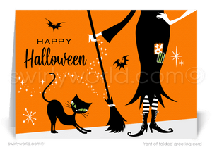Enchant clients with Swirly World's Retro Atomic Witch Halloween Greeting Card. Featuring a whimsical witch, her black kitty cat, playful bats, and vintage starbursts, this card is perfect for expressing appreciation and strengthening business connections. Customizable envelopes available!