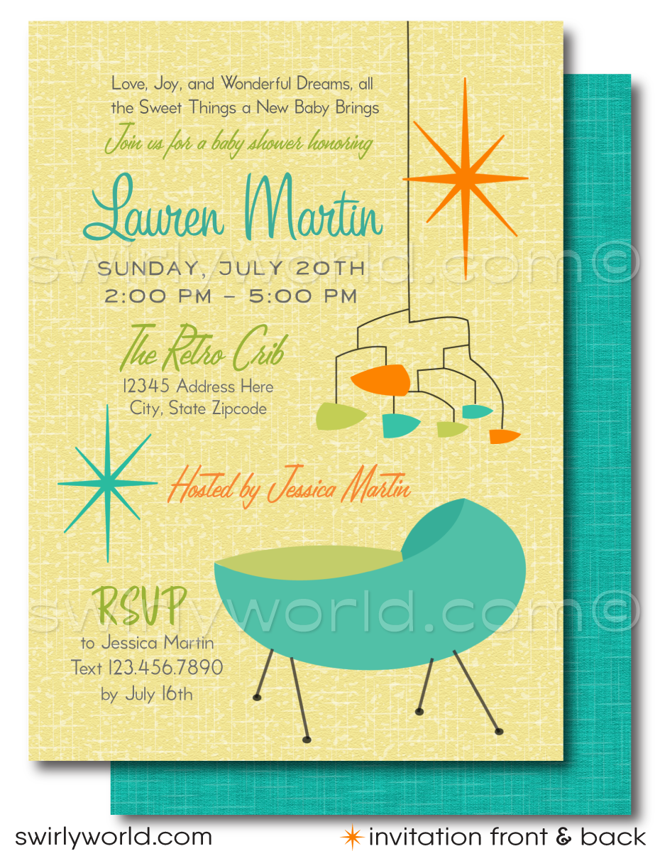 Throw a stylish retro baby shower with Swirly World's 1950s-60s Mid-Century Modern Invitation Set. Featuring atomic starbursts, MCM mobiles, and a vintage cradle in iconic colors. All wording editable. Ideal for a gender-neutral, swanky sixties baby shower soiree celebrating the newest addition to your family.