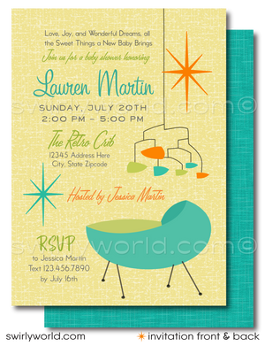Throw a stylish retro baby shower with Swirly World's 1950s-60s Mid-Century Modern Invitation Set. Featuring atomic starbursts, MCM mobiles, and a vintage cradle in iconic colors. All wording editable. Ideal for a gender-neutral, swanky sixties baby shower soiree celebrating the newest addition to your family.