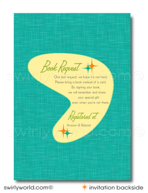 Throw a stylish retro baby shower with Swirly World's 1950s-60s Mid-Century Modern Invitation and Book Request Card Set. Featuring atomic starbursts, MCM mobiles, and a vintage cradle in iconic colors. All wording editable. Ideal for a gender-neutral, swanky sixties baby shower soiree celebrating the newest addition to your family.