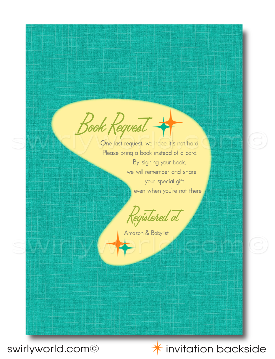 Host a memorable retro baby shower with our Vintage Mid-Century Modern Invitation Set. Features atomic starbursts, MCM mobiles, and a sleek cradle in vibrant 50s-60s colors. Customize easily on Corjl. Ideal for any retro-themed, gender-neutral celebration. Impress with a dash of vintage charm.