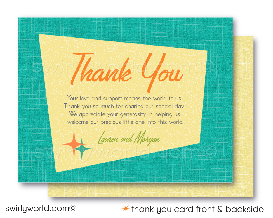 Throw a stylish retro baby shower with Swirly World's 1950s-60s Mid-Century Modern Invitation Set. Featuring atomic starbursts, MCM mobiles, and a vintage cradle in iconic colors. All wording editable. Ideal for a gender-neutral, swanky sixties baby shower soiree celebrating the newest addition to your family.