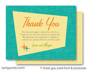 Host a memorable retro baby shower with our Vintage Mid-Century Modern Invitation Set. Features atomic starbursts, MCM mobiles, and a sleek cradle in vibrant 50s-60s colors. Customize easily on Corjl. Ideal for any retro-themed, gender-neutral celebration. Impress with a dash of vintage charm.