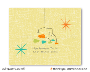 Host a memorable retro baby shower with our Vintage Mid-Century Modern Invitation Set. Features atomic starbursts, MCM mobiles, and a sleek cradle in vibrant 50s-60s colors. Customize easily on Corjl. Ideal for any retro-themed, gender-neutral celebration. Impress with a dash of vintage charm.