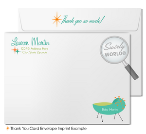 Host a memorable retro baby shower with our Vintage Mid-Century Modern Invitation Set. Features atomic starbursts, MCM mobiles, and a sleek cradle in vibrant 50s-60s colors. Customize easily on Corjl. Ideal for any retro-themed, gender-neutral celebration. Impress with a dash of vintage charm.