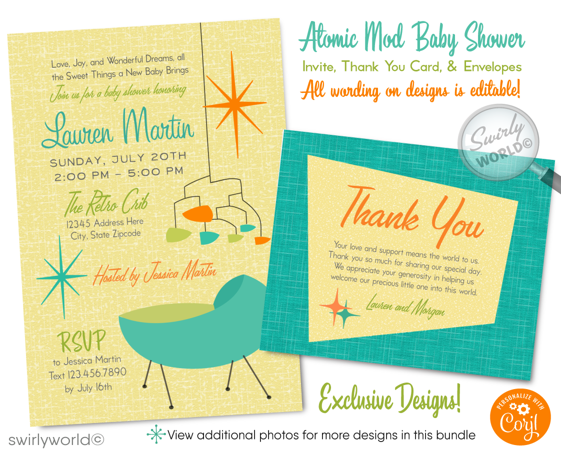 Throw a stylish retro baby shower with Swirly World's 1950s-60s Mid-Century Modern Invitation Set. Featuring atomic starbursts, MCM mobiles, and a vintage cradle in iconic colors. All wording editable. Ideal for a gender-neutral, swanky sixties baby shower soiree celebrating the newest addition to your family.