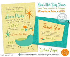 Throw a stylish retro baby shower with Swirly World's 1950s-60s Mid-Century Modern Invitation Set. Featuring atomic starbursts, MCM mobiles, and a vintage cradle in iconic colors. All wording editable. Ideal for a gender-neutral, swanky sixties baby shower soiree celebrating the newest addition to your family.