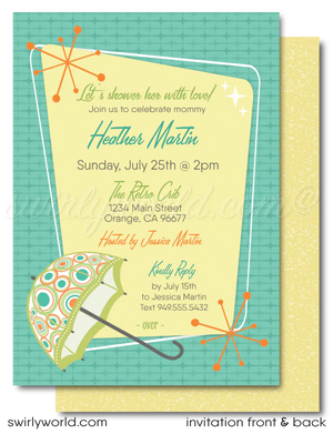 Celebrate your little one with our Vintage 1950s-1960s Mid-Century Modern Baby Shower Invitation Set! 🌟 Featuring atomic starbursts and MCM umbrella in retro colors. Includes invitations, thank you cards, and envelopes. Easily customizable with Corjl. Perfect for a stylish, gender-neutral retro-themed celebration! 🎉✨