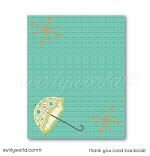 Celebrate your little one with our Vintage 1950s-1960s Mid-Century Modern Baby Shower Invitation Set! 🌟 Featuring atomic starbursts and MCM umbrella in retro colors. Includes invitations, thank you cards, and envelopes. Easily customizable with Corjl. Perfect for a stylish, gender-neutral retro-themed celebration! 🎉✨