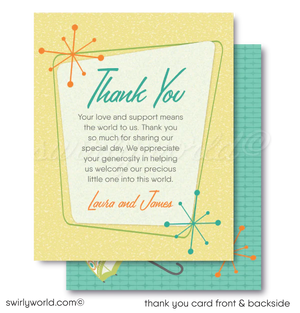 Celebrate your little one with our Vintage 1950s-1960s Mid-Century Modern Baby Shower Invitation Set! 🌟 Featuring atomic starbursts and MCM umbrella in retro colors. Includes invitations, thank you cards, and envelopes. Easily customizable with Corjl. Perfect for a stylish, gender-neutral retro-themed celebration! 🎉✨