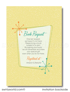 Celebrate your little one with our Vintage 1950s-1960s Mid-Century Modern Baby Shower Invitation Set! 🌟 Featuring atomic starbursts and MCM umbrella in retro colors. Includes invitations, thank you cards, and envelopes. Easily customizable with Corjl. Perfect for a stylish, gender-neutral retro-themed celebration! 🎉✨