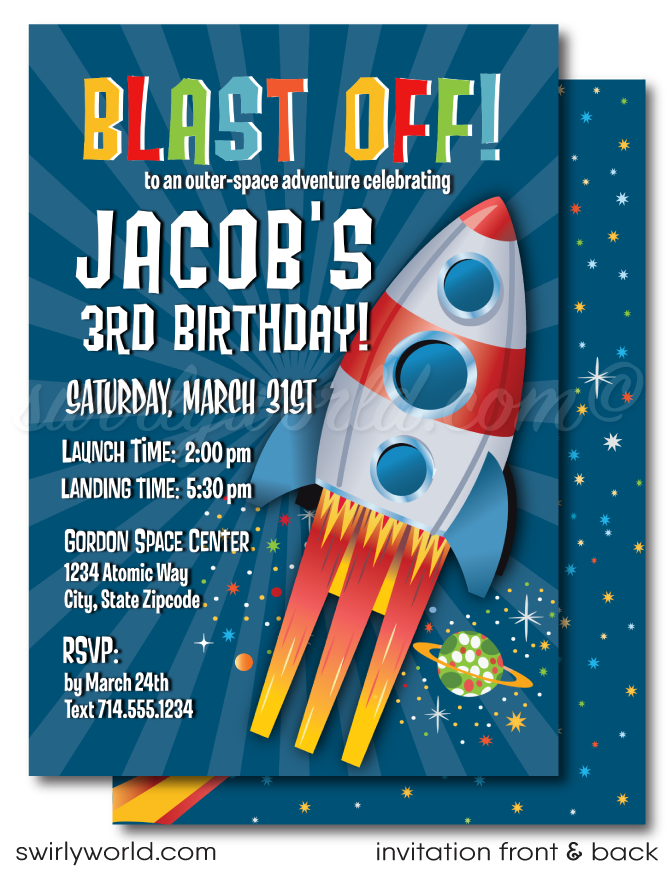 Blast off with our Spaceman Astronaut Outer-Space Birthday Party Digital Download Bundle. This cosmic collection includes an invitation, thank you card, and matching envelopes featuring retro rocket and space graphics. Customize easily for a party that's out of this world! Download now for unlimited edits.