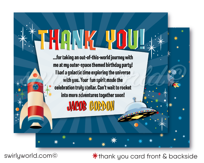 Blast off with our Spaceman Astronaut Outer-Space Birthday Party Digital Download Bundle. This cosmic collection includes an invitation, thank you card, and matching envelopes featuring retro rocket and space graphics. Customize easily for a party that's out of this world! Download now for unlimited edits.