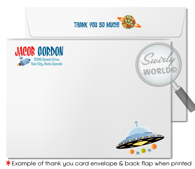 Blast off with our Spaceman Astronaut Outer-Space Birthday Party Digital Download Bundle. This cosmic collection includes an invitation, thank you card, and matching envelopes featuring retro rocket and space graphics. Customize easily for a party that's out of this world! Download now for unlimited edits.