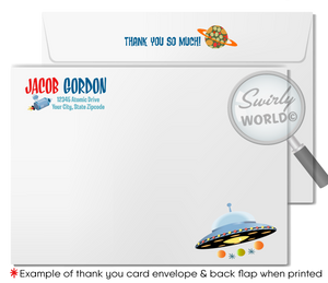 Blast off with our Spaceman Astronaut Outer-Space Birthday Party Digital Download Bundle. This cosmic collection includes an invitation, thank you card, and matching envelopes featuring retro rocket and space graphics. Customize easily for a party that's out of this world! Download now for unlimited edits.