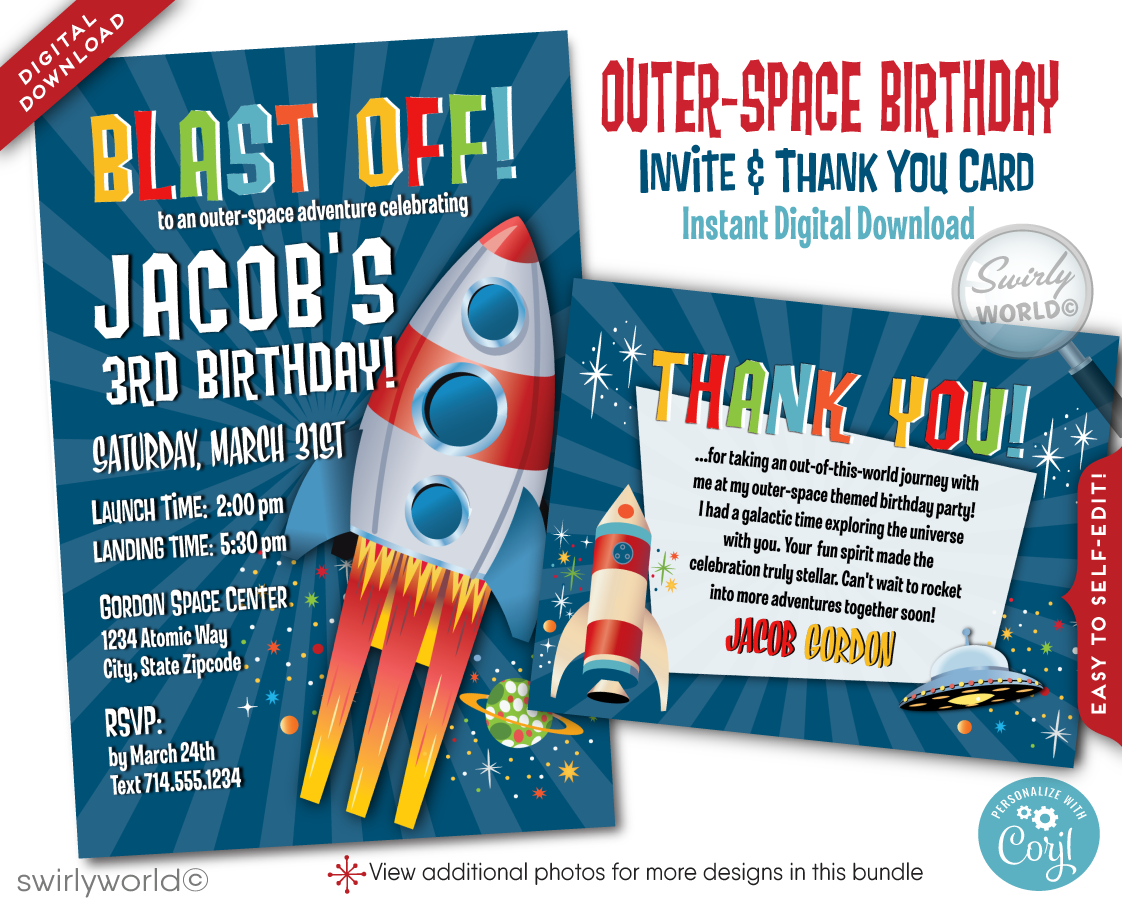 Blast off with our Spaceman Astronaut Outer-Space Birthday Party Digital Download Bundle. This cosmic collection includes an invitation, thank you card, and matching envelopes featuring retro rocket and space graphics. Customize easily for a party that's out of this world! Download now for unlimited edits.