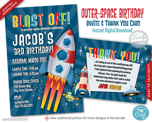 Blast off with our Spaceman Astronaut Outer-Space Birthday Party Digital Download Bundle. This cosmic collection includes an invitation, thank you card, and matching envelopes featuring retro rocket and space graphics. Customize easily for a party that's out of this world! Download now for unlimited edits.