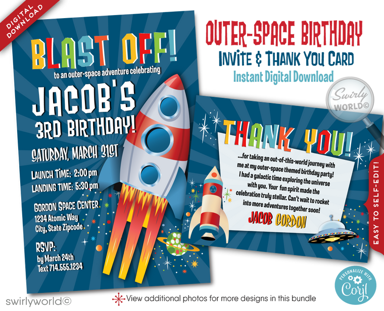 Outer-Space Boy Astronaut Nasa Rocket Ship Birthday Party Invitation Digital Download