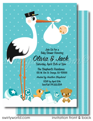 Introduce your baby boy in style with Swirly World's Retro Modern Stork Delivery Baby Shower Invitation Set! Features vibrant retro blue polka dots, vintage teddy bear, and duckling designs. Easily editable and downloadable, this set includes invitations, thank you cards, and envelopes for a seamless celebration.