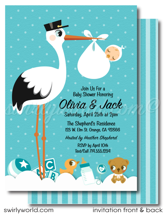 This precious Stork delivery digital boy baby shower bundle is a great way to celebrate the arrival of your baby with friends and family. It offers you an affordable, hassle-free solution for sharing your happy baby news and in turn show your appreciation with thank-you cards.