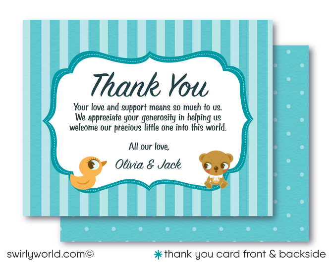 This precious Stork delivery digital boy baby shower bundle is a great way to celebrate the arrival of your baby with friends and family. It offers you an affordable, hassle-free solution for sharing your happy baby news and in turn show your appreciation with thank-you cards.