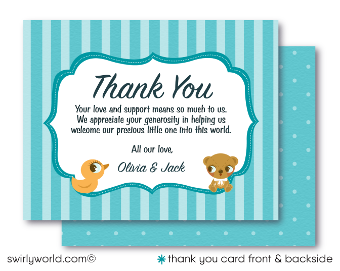 Introduce your baby boy in style with Swirly World's Retro Modern Stork Delivery Baby Shower Invitation Set! Features vibrant retro blue polka dots, vintage teddy bear, and duckling designs. Easily editable and downloadable, this set includes invitations, thank you cards, and envelopes for a seamless celebration.
