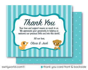 Introduce your baby boy in style with Swirly World's Retro Modern Stork Delivery Baby Shower Invitation Set! Features vibrant retro blue polka dots, vintage teddy bear, and duckling designs. Easily editable and downloadable, this set includes invitations, thank you cards, and envelopes for a seamless celebration.
