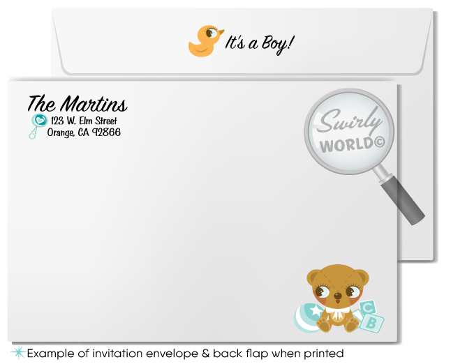Precious Delivery Stork Retro Modern Cute Baby Boy Couple's Shower Invitations
