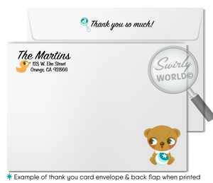 Introduce your baby boy in style with Swirly World's Retro Modern Stork Delivery Baby Shower Invitation Set! Features vibrant retro blue polka dots, vintage teddy bear, and duckling designs. Easily editable and downloadable, this set includes invitations, thank you cards, and envelopes for a seamless celebration.