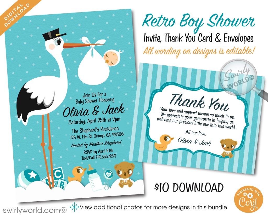 This precious Stork delivery digital boy baby shower bundle is a great way to celebrate the arrival of your baby with friends and family. It offers you an affordable, hassle-free solution for sharing your happy baby news and in turn show your appreciation with thank-you cards.