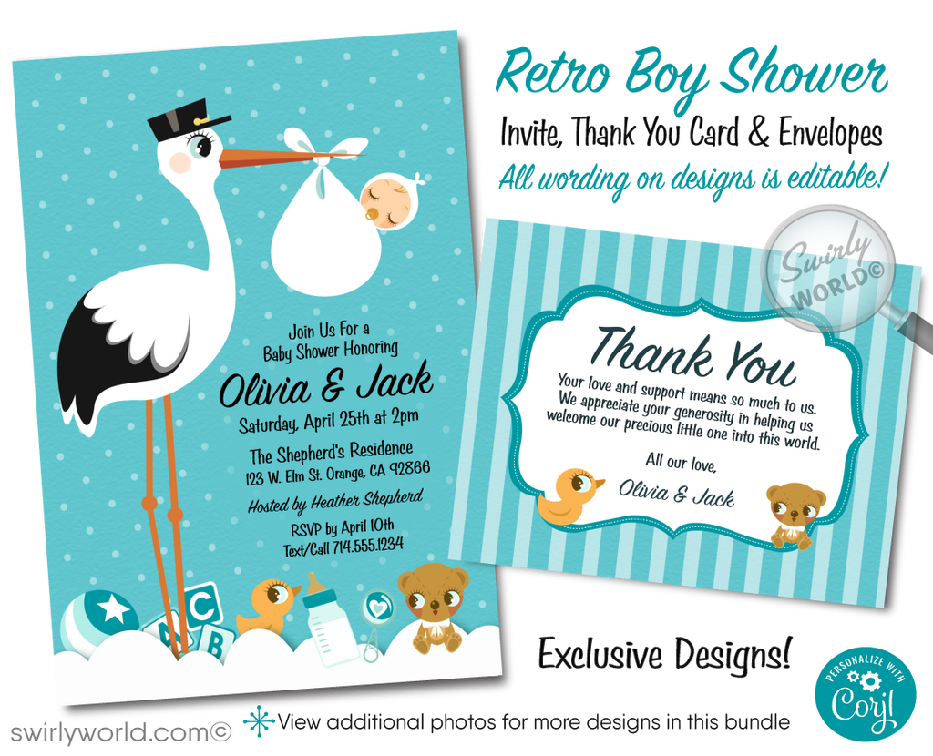 Introduce your baby boy in style with Swirly World's Retro Modern Stork Delivery Baby Shower Invitation Set! Features vibrant retro blue polka dots, vintage teddy bear, and duckling designs. Easily editable and downloadable, this set includes invitations, thank you cards, and envelopes for a seamless celebration.