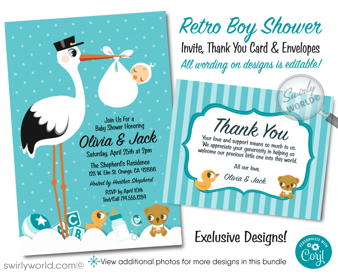 Introduce your baby boy in style with Swirly World's Retro Modern Stork Delivery Baby Shower Invitation Set! Features vibrant retro blue polka dots, vintage teddy bear, and duckling designs. Easily editable and downloadable, this set includes invitations, thank you cards, and envelopes for a seamless celebration.
