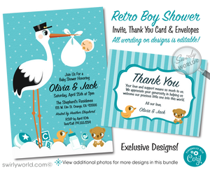 Introduce your baby boy in style with Swirly World's Retro Modern Stork Delivery Baby Shower Invitation Set! Features vibrant retro blue polka dots, vintage teddy bear, and duckling designs. Easily editable and downloadable, this set includes invitations, thank you cards, and envelopes for a seamless celebration.