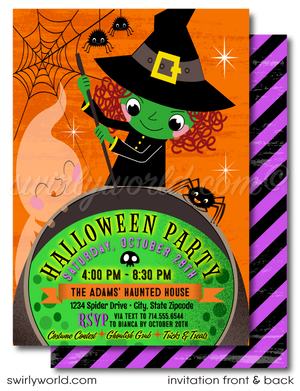 Host a delightful Halloween party with Swirly World's "Witches Brew" digital invitation! Featuring a whimsical witch, cheeky ghost, and playful spiders, this retro-style design in vibrant Halloween colors is perfect for kids' celebrations. Easily customize, edit, and share via post, print, text, email, or e-vite!