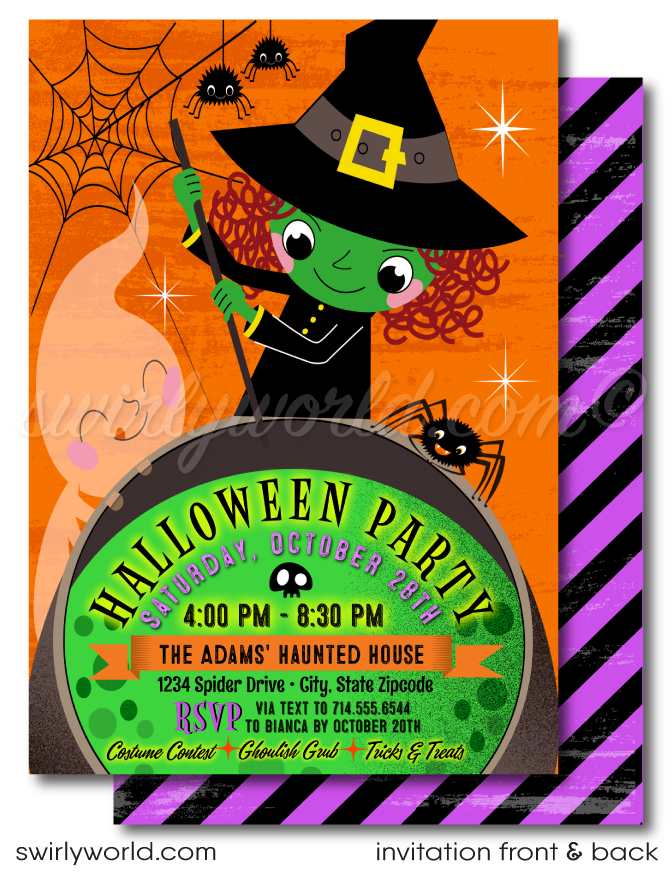 Enchant your guests with our "Witches Brew" printed Halloween party invitations! Featuring a whimsical witch, cheeky ghost, and playful spiders in vibrant Halloween colors, these high-quality invitations and matching envelopes are perfect for kids' celebrations. Customize for a magical and memorable party!
