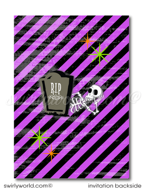 Host a delightful Halloween party with Swirly World's "Witches Brew" digital invitation! Featuring a whimsical witch, cheeky ghost, and playful spiders, this retro-style design in vibrant Halloween colors is perfect for kids' celebrations. Easily customize, edit, and share via post, print, text, email, or e-vite!