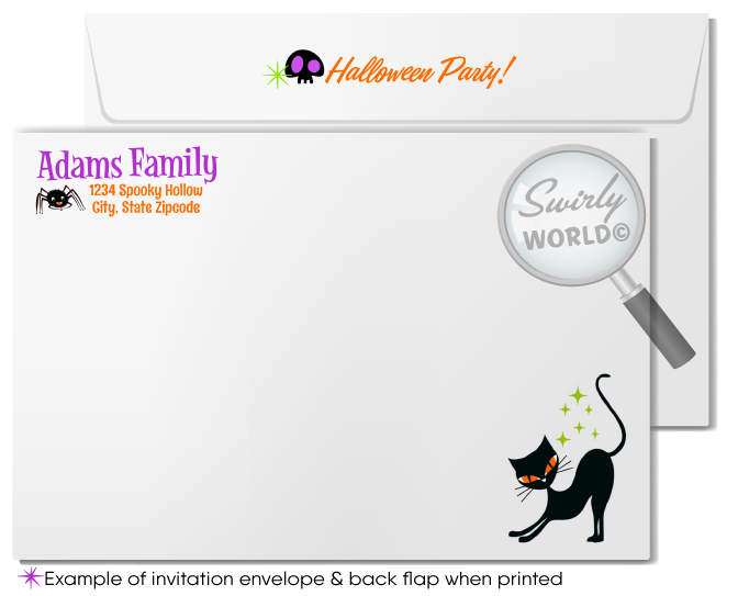 Enchant your guests with our "Witches Brew" printed Halloween party invitations! Featuring a whimsical witch, cheeky ghost, and playful spiders in vibrant Halloween colors, these high-quality invitations and matching envelopes are perfect for kids' celebrations. Customize for a magical and memorable party!