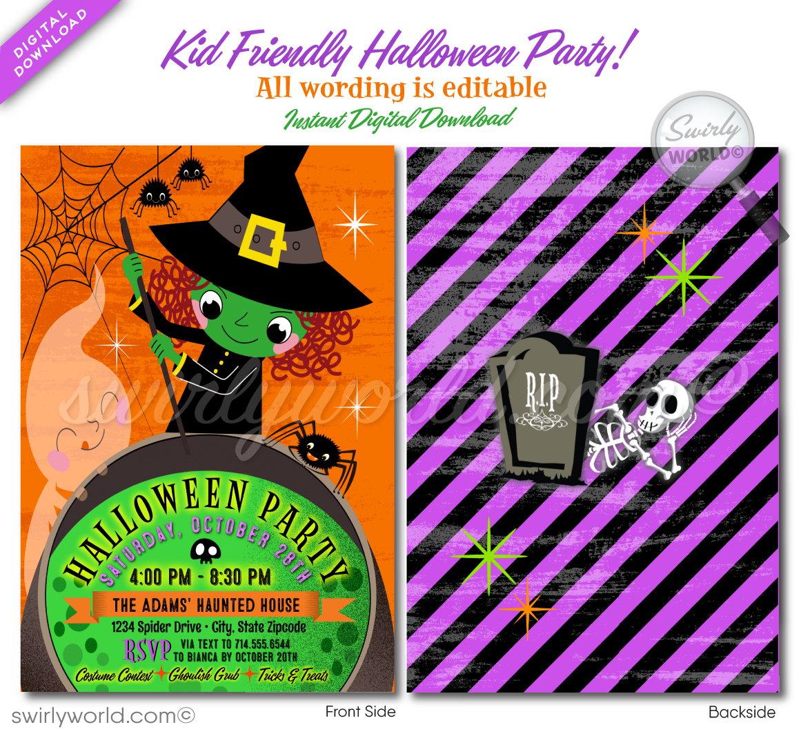 Host a delightful Halloween party with Swirly World's "Witches Brew" digital invitation! Featuring a whimsical witch, cheeky ghost, and playful spiders, this retro-style design in vibrant Halloween colors is perfect for kids' celebrations. Easily customize, edit, and share via post, print, text, email, or e-vite!
