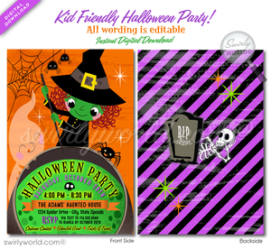 Host a delightful Halloween party with Swirly World's "Witches Brew" digital invitation! Featuring a whimsical witch, cheeky ghost, and playful spiders, this retro-style design in vibrant Halloween colors is perfect for kids' celebrations. Easily customize, edit, and share via post, print, text, email, or e-vite!