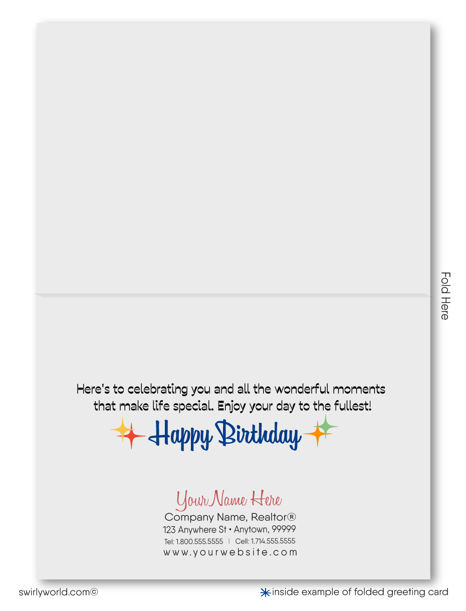 Celebrate your clients' special day with our unique Happy Birthday greeting card. Featuring retro lettering and starbursts on a navy blue background, this vibrant card is customizable. Available as folded or flat cards, printed on thick card stock with matching envelopes. Upgrade to customized envelopes with your logo