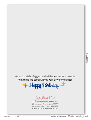 Celebrate your clients' special day with our unique Happy Birthday greeting card. Featuring retro lettering and starbursts on a navy blue background, this vibrant card is customizable. Available as folded or flat cards, printed on thick card stock with matching envelopes. Upgrade to customized envelopes with your logo