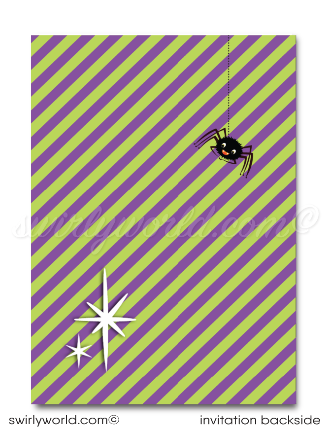 Set the tone for an unforgettable Halloween with our Pin-up Rockabilly party invitation! Featuring a retro pin-up vampire girl in gothic purple, spiders, and bats, this adult-themed invite is customizable in Corjl. We’ll print on high-quality card stock and ship to your door for a hassle-free experience!