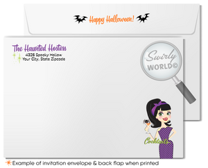 Set the tone for an unforgettable Halloween with our Pin-up Rockabilly party invitation! Featuring a retro pin-up vampire girl in gothic purple, spiders, and bats, this adult-themed invite is customizable in Corjl. We’ll print on high-quality card stock and ship to your door for a hassle-free experience!