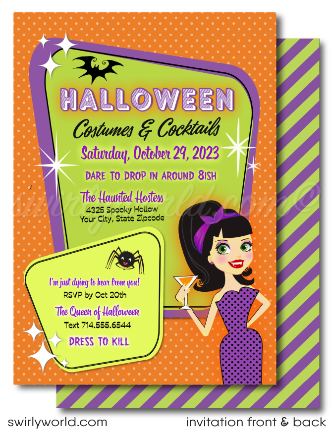 SW10428Retro Rockabilly Pin-up Girl Adult Halloween Dinner Cocktail Party Invitations and Envelopes