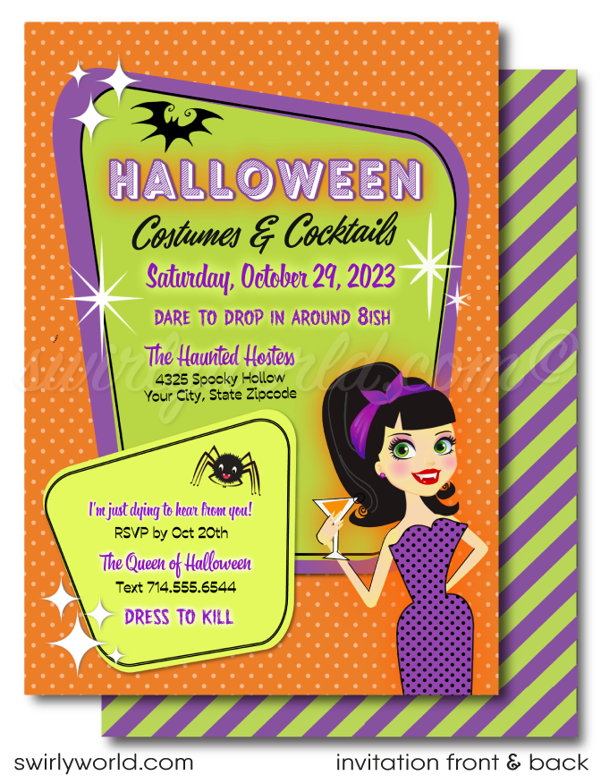 Set the tone for an unforgettable Halloween with our Pin-up Rockabilly party invitation! Featuring a retro pin-up vampire girl in gothic purple, spiders, and bats, this adult-themed invite is customizable in Corjl. We’ll print on high-quality card stock and ship to your door for a hassle-free experience!